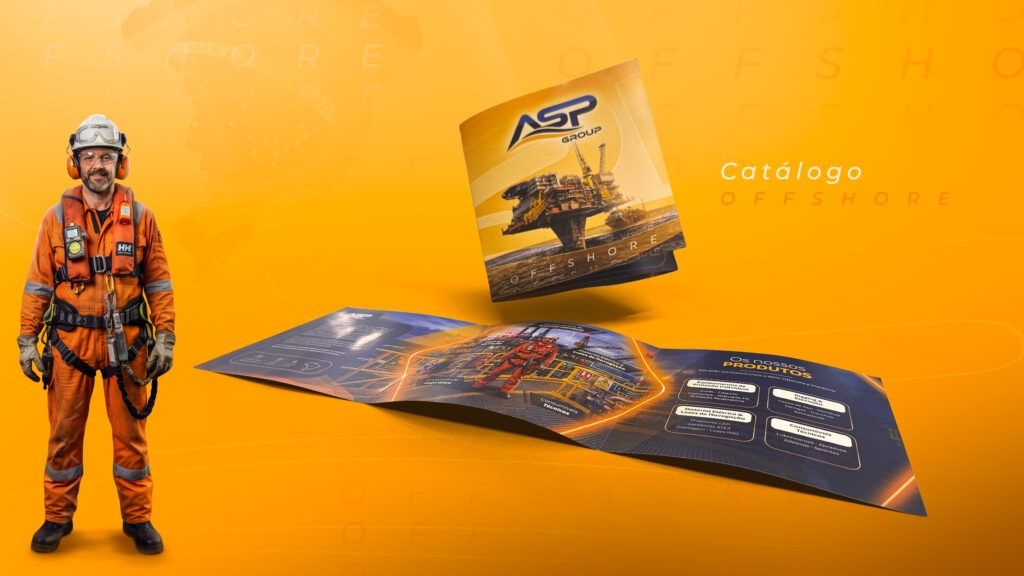 Catálogo Offshore da ASP Group com profissional equipado para operações marítimas